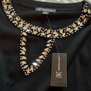 INC International Concepts Women's Patterned Short Sleeve Jewel Neck Sweater Black Size Large main image 1
